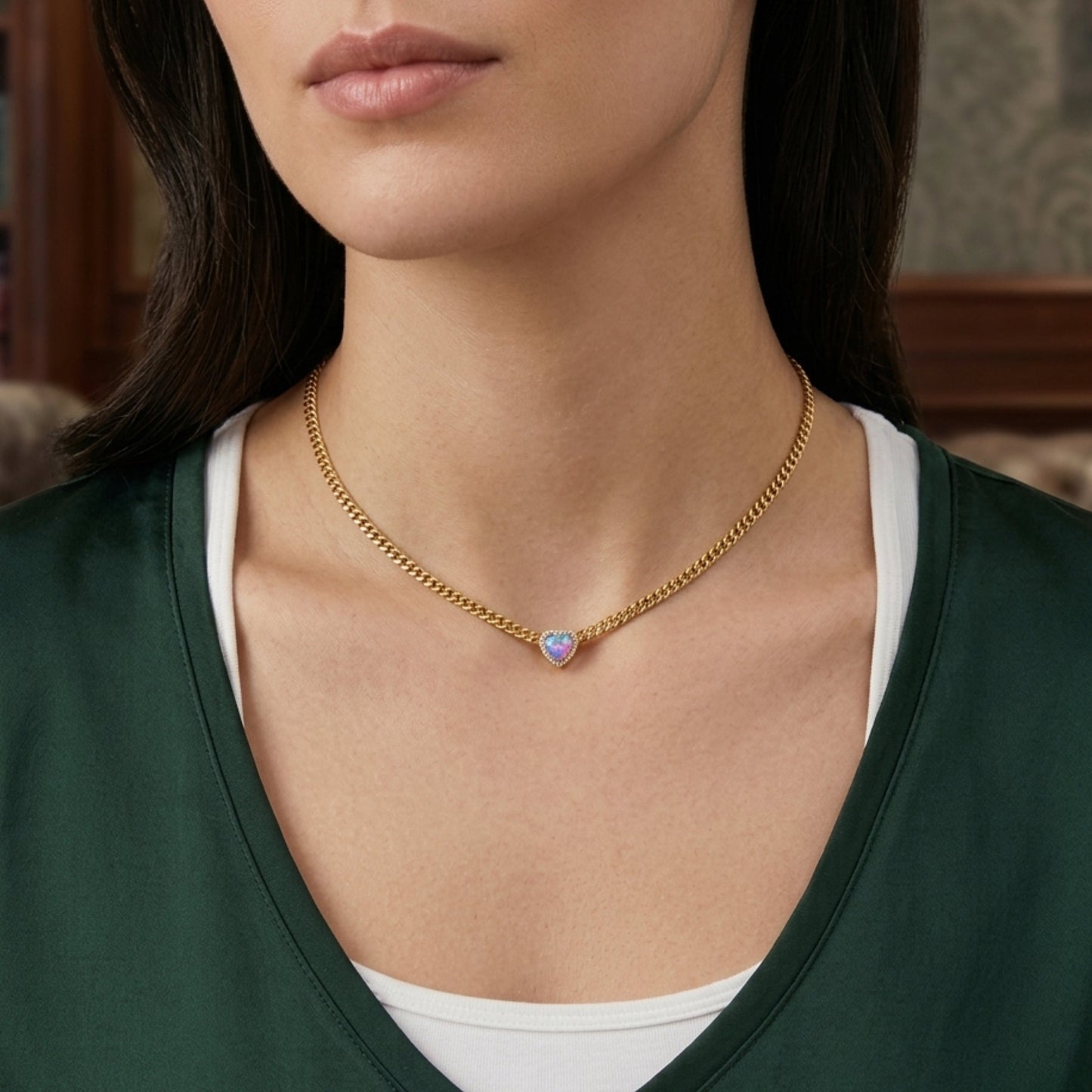 Model wearing waterproof 14k gold jewelry in water, demonstrating non-tarnish 316L steel durability. Pink Opal