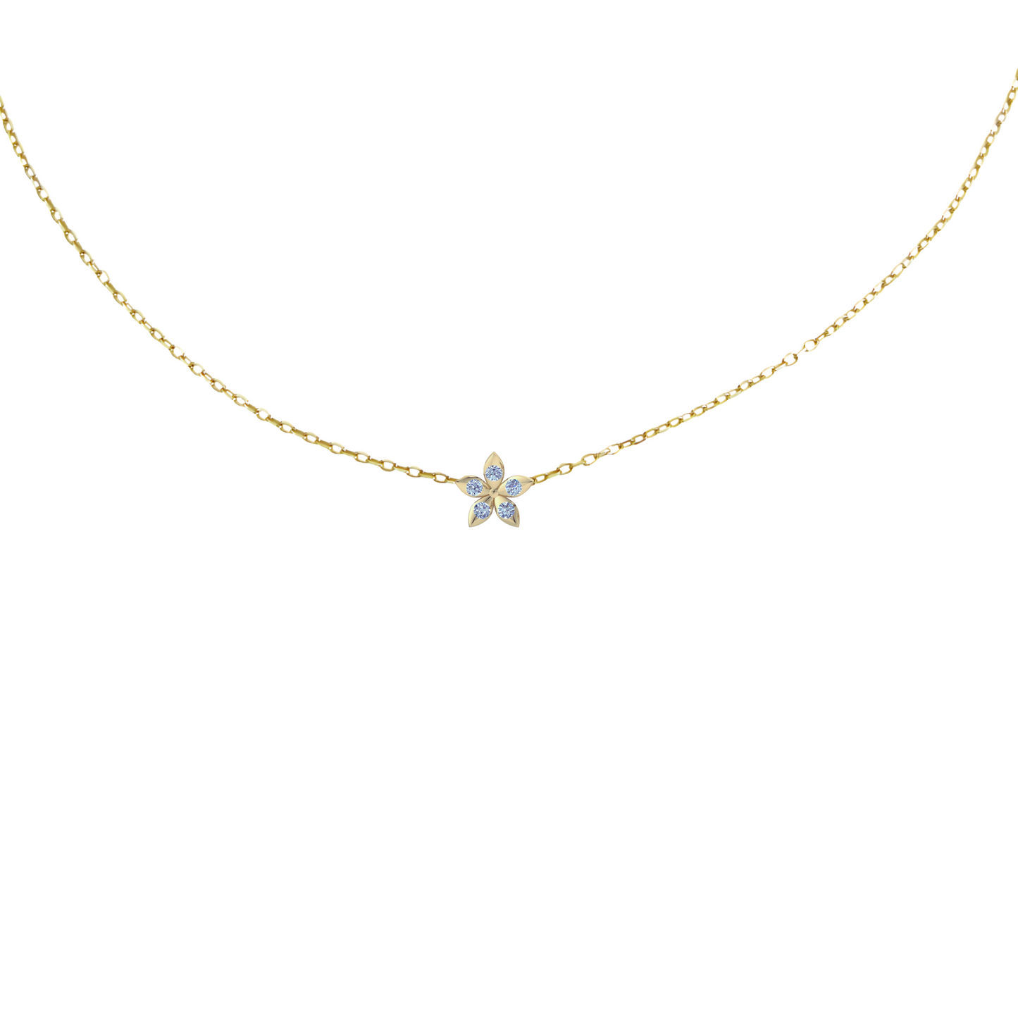 BLOOMTINE Mini Eternal Bloom gold necklace featuring a 10mm gold vermeil flower pendant with a moissanite center. A dainty, handcrafted gold necklace on an adjustable chain