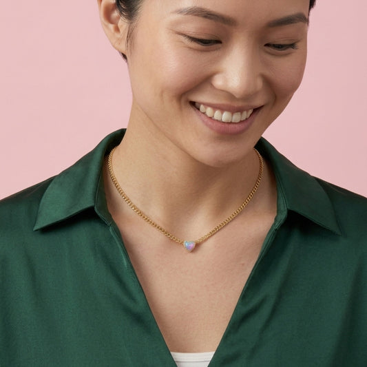 Collection of hypoallergenic 14k gold plated necklaces and rings made from surgical-grade stainless steel. Pink Opal, Blue Opal