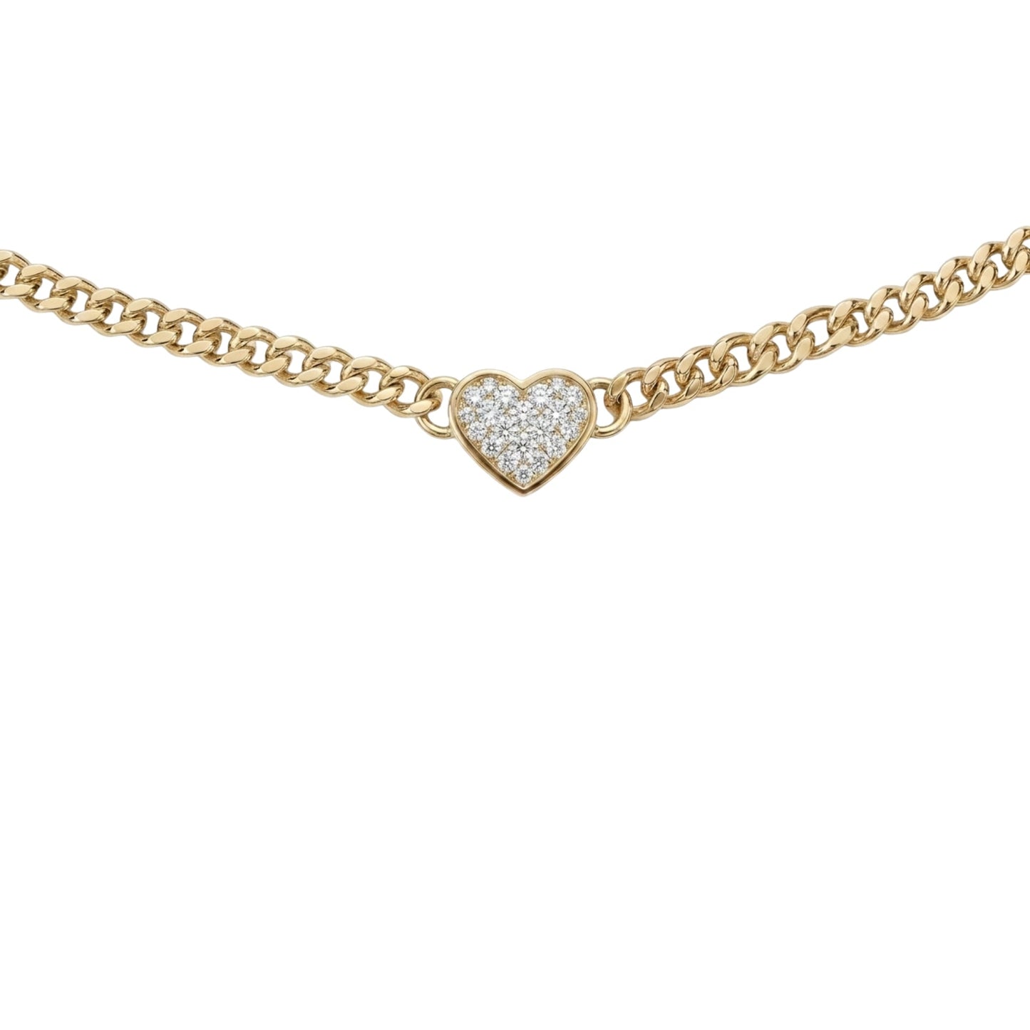 A gold chain necklace featuring a small heart-shaped pendant paved with clear stones, displayed against a solid white background.
