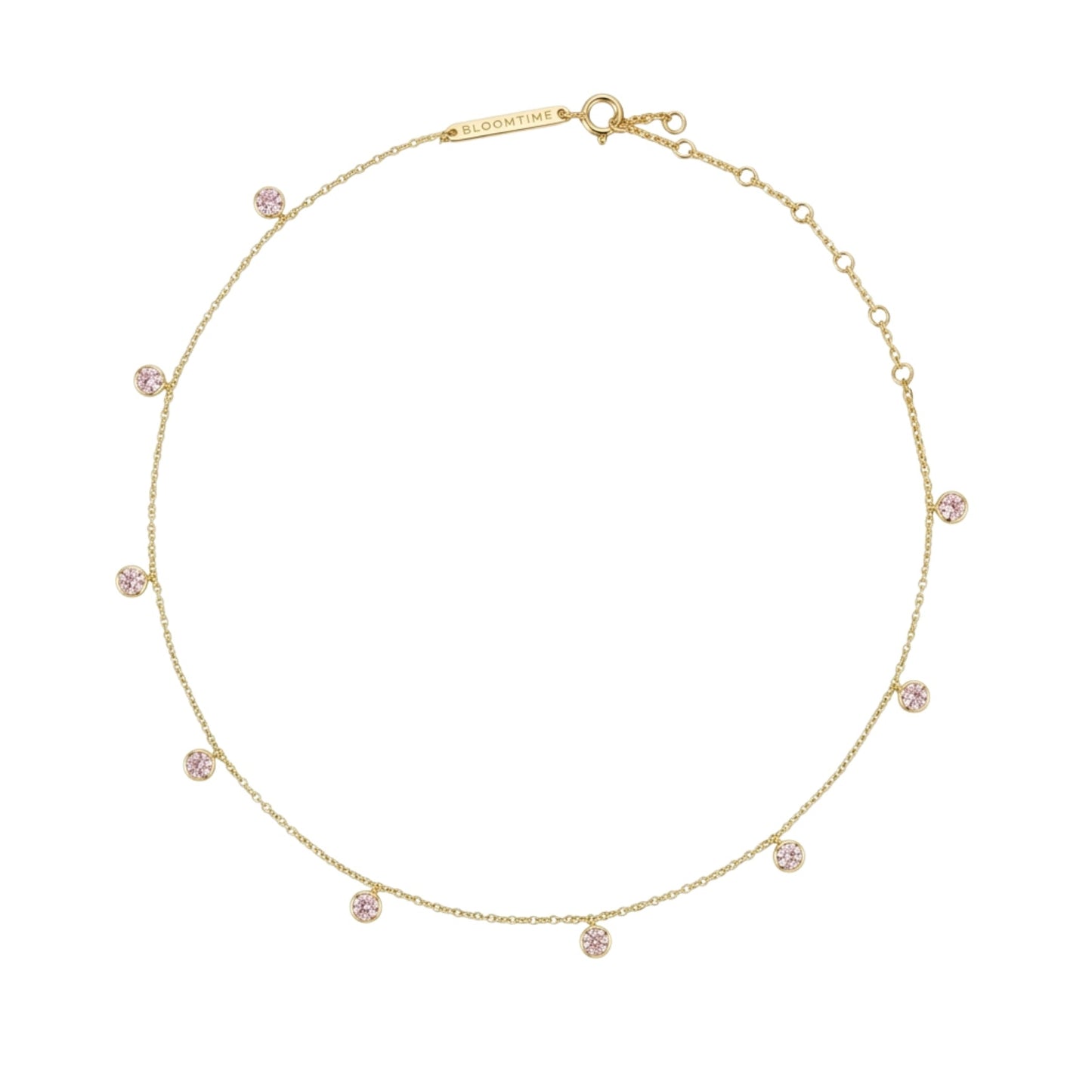 A delicate gold chain necklace with multiple small, round pink gemstone clusters spaced evenly along the chain, displayed on a clean white background.