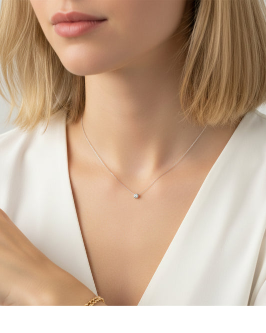Close-up of a person wearing a delicate necklace with a small pendant.