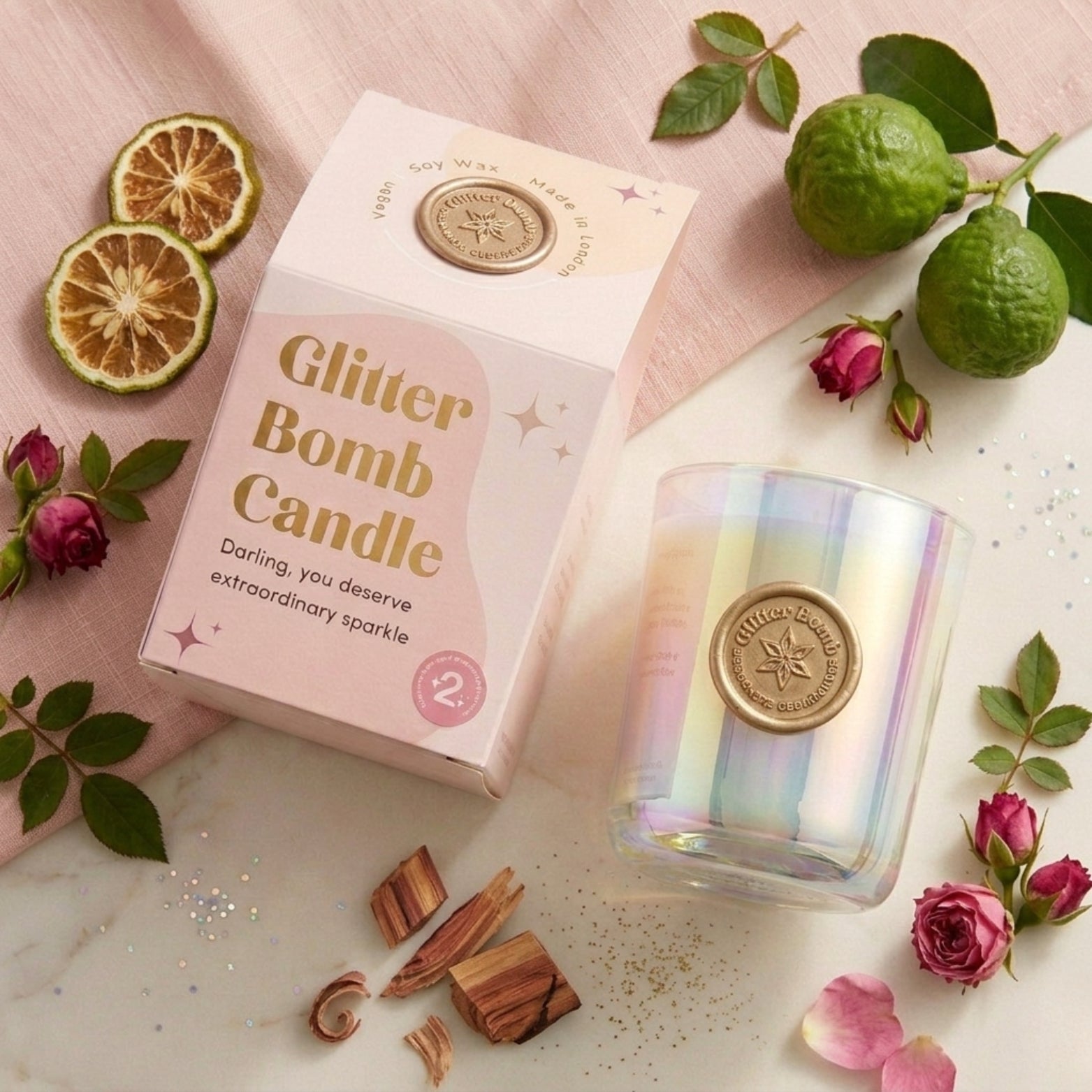 Sparkle-nova | Glitter Bomb™ Luxury Gift Candle in Bergamot, Cedar and Rose 280g BLOOMTINE | Earth Angel HQ