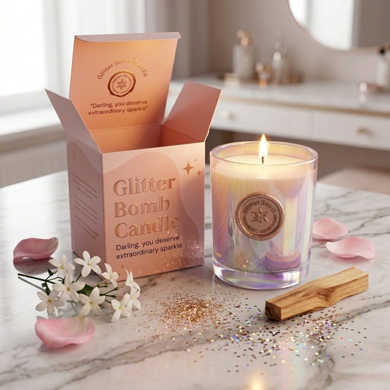 Sparkle-nova | Glitter Bomb™ Luxury Gift Candle in Bergamot, Cedar and Rose 280g BLOOMTINE | Earth Angel HQ
