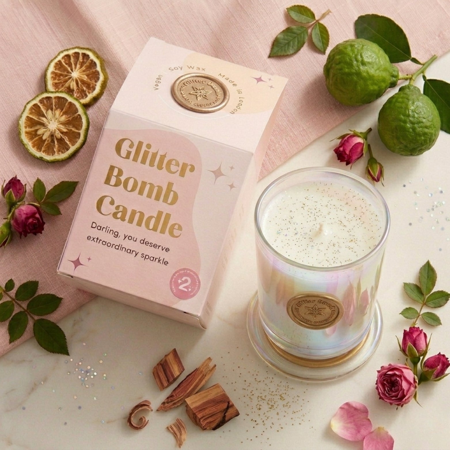 Sparkle-nova | Glitter Bomb™ Luxury Gift Candle in Bergamot, Cedar and Rose 280g BLOOMTINE | Earth Angel HQ