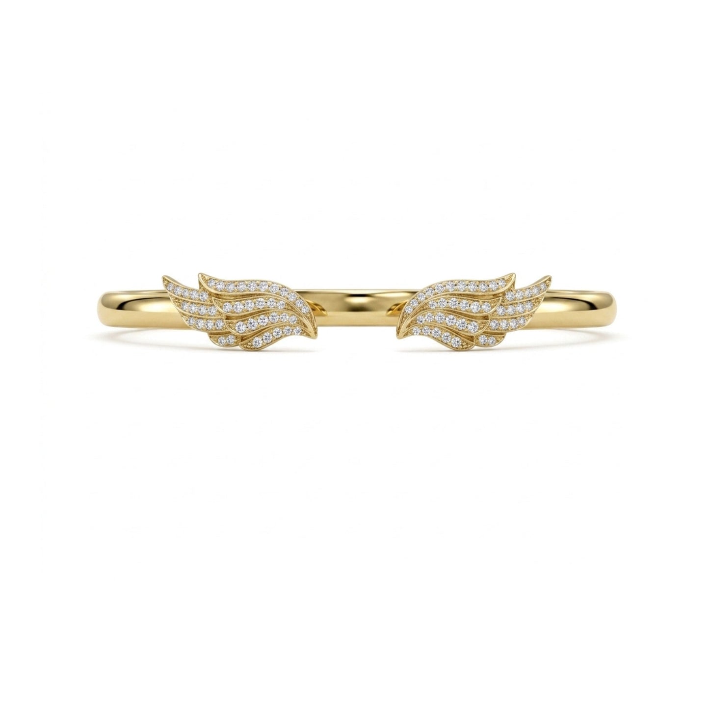 A delicate gold ring featuring two wing-shaped pavé settings, each adorned with small clear stones, shown against a plain white background.