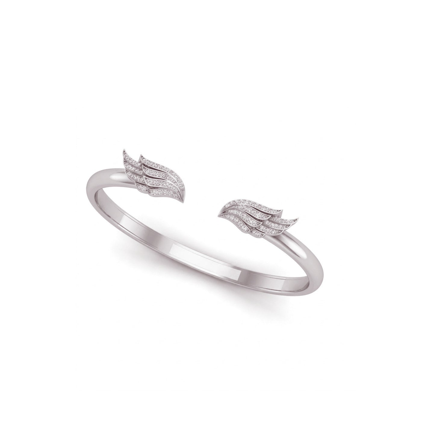 A silver-toned open cuff bangle featuring two wing-shaped end details set with small clear stones, shown on a plain white background.