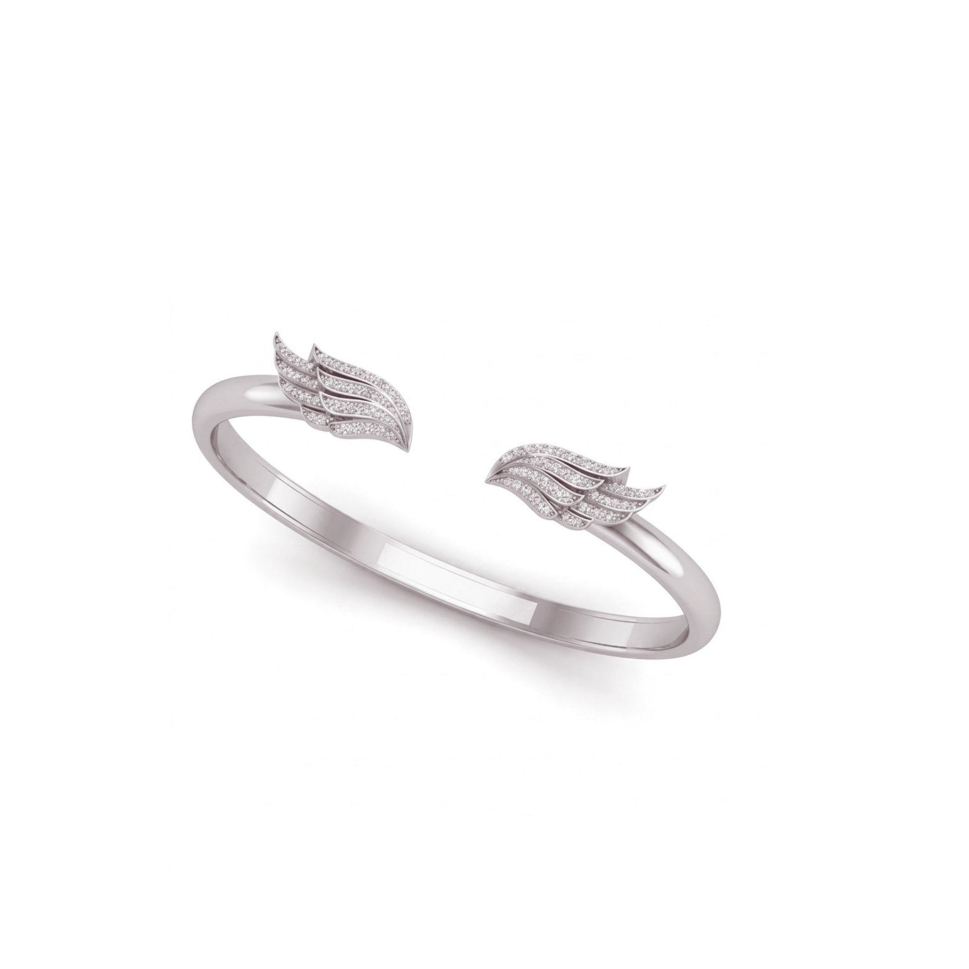 A silver-toned open cuff bangle featuring two wing-shaped end details set with small clear stones, shown on a plain white background.