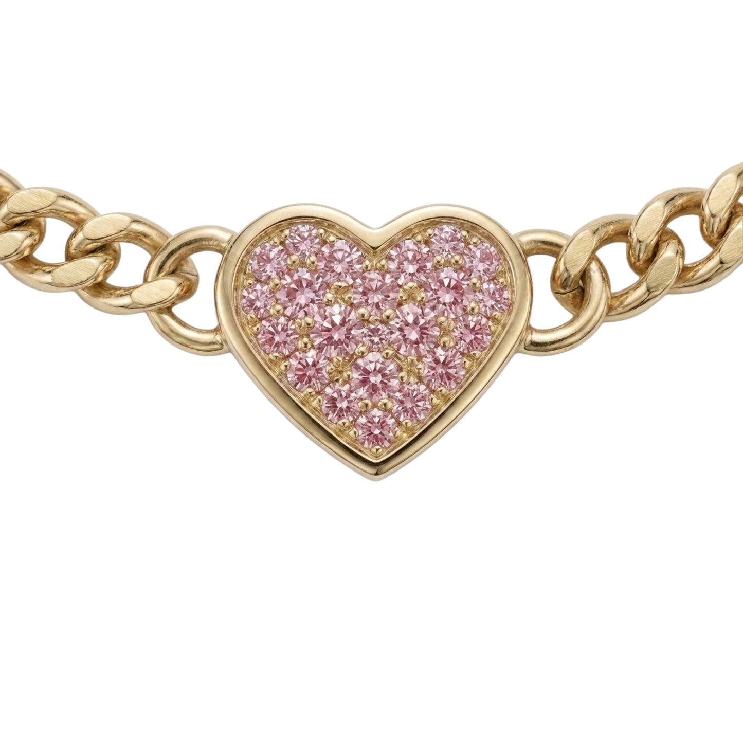 A gold chain bracelet featuring a heart-shaped pavé charm set with pink stones, shown against a plain white background.