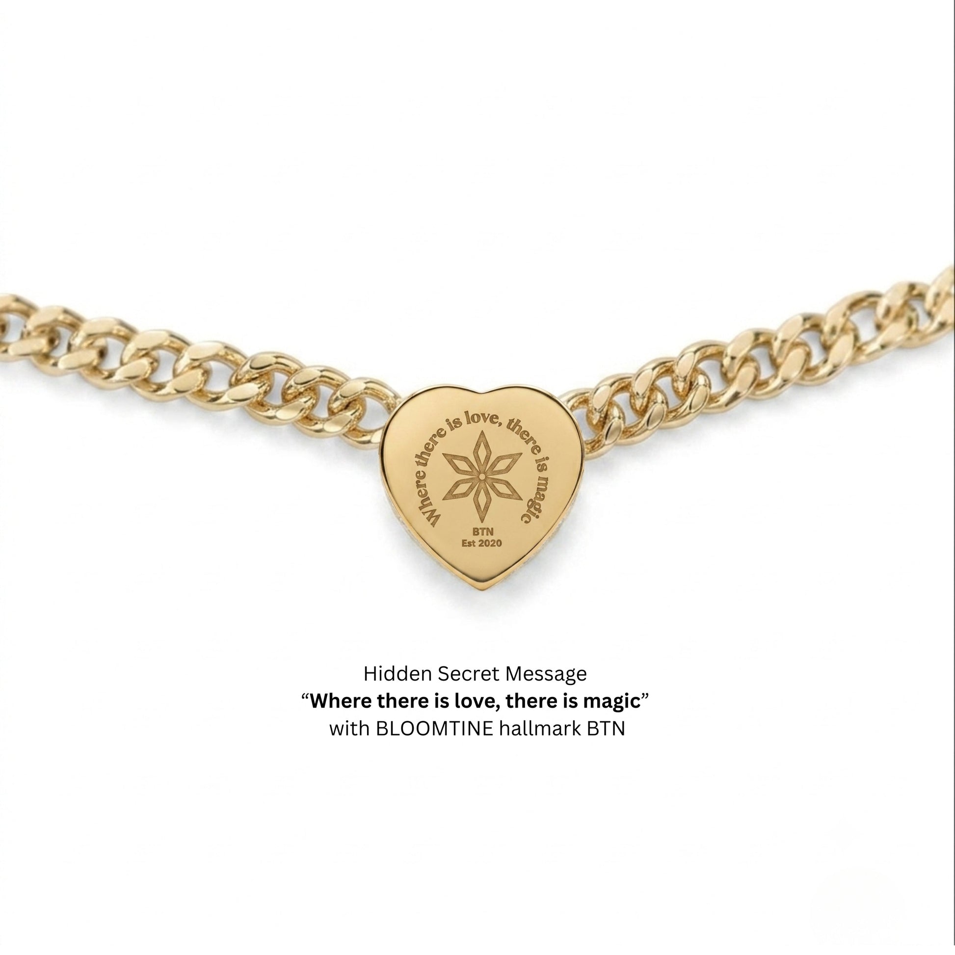A gold chain necklace with a heart-shaped pendant engraved with the message 'Where there is love, there is magic' and the BLOOMTINE brand mark, shown on a white background with descriptive text below.