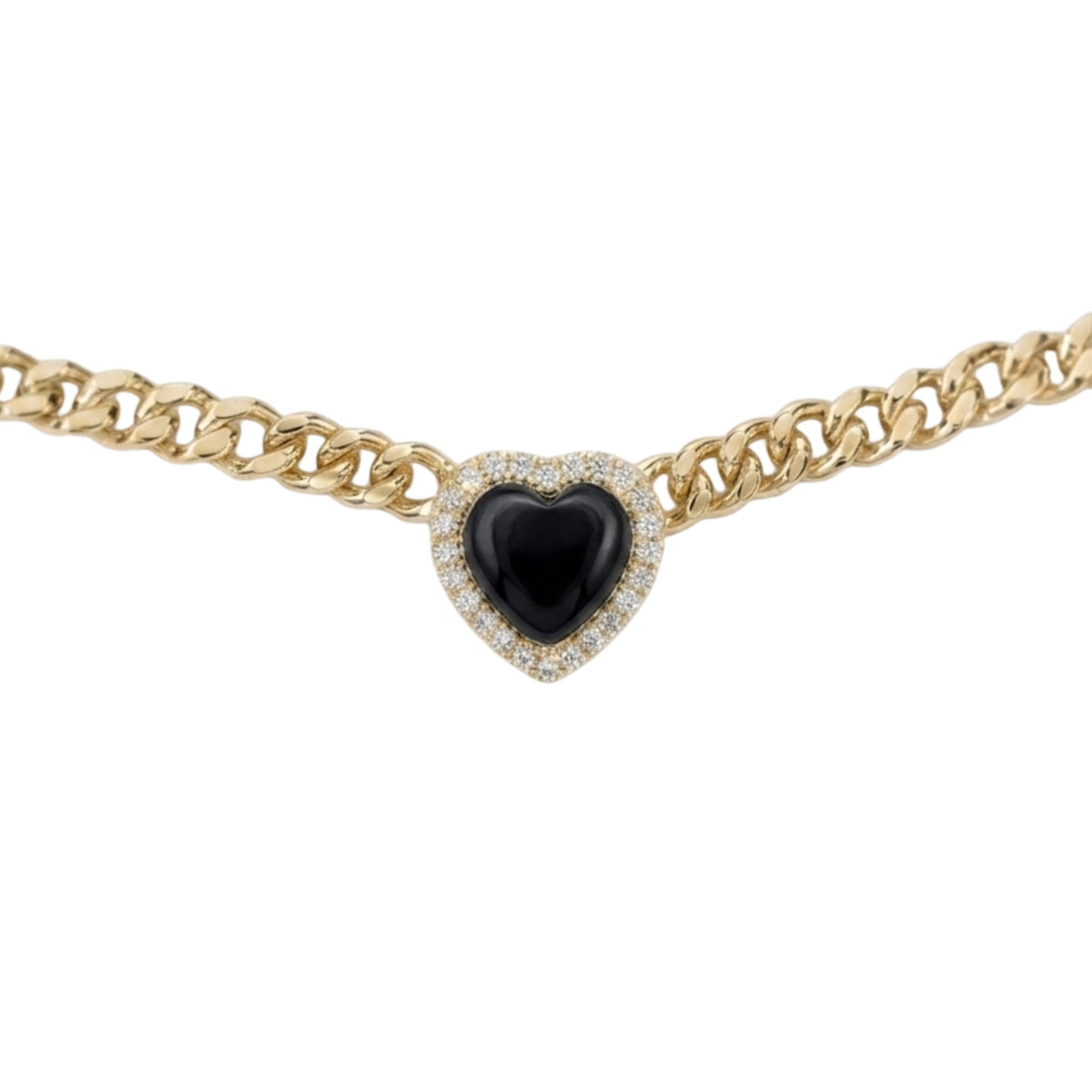 A gold chain necklace featuring a heart-shaped black onyx pendant surrounded by a halo of small clear pavé stones, shown against a plain white background.