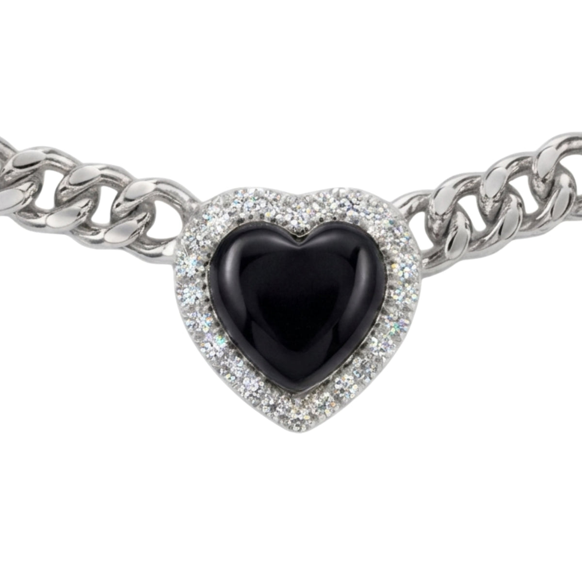 A silver-toned chain bracelet featuring a heart-shaped charm with a glossy black center and a halo of clear pavé stones, shown on a plain white background.