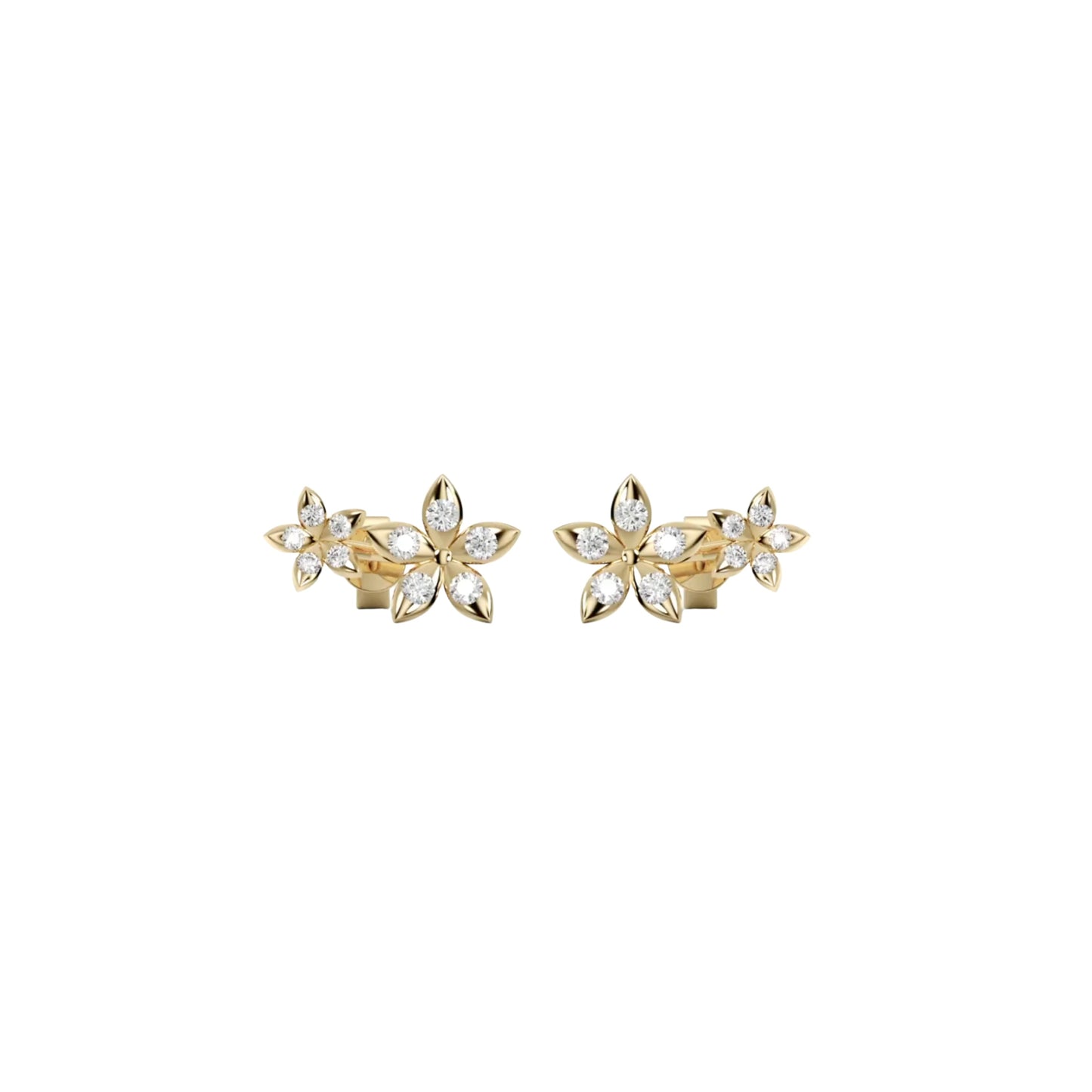 Bloomtine-mini-eternal-bloom-studs-earrings. A professional-close-up-shot of 18kt-gold-vermeil-flower-studs featuring a highly-polished botanical-blossom-design. These dainty-floral-earrings are crafted-from-925-sterling-silver-base-metal for a luxury-finish. This elegant-pair of gold-flower-studs is the perfect-jewellery-gift-idea-for-her, shown-on-a-clean-white-background to highlight the intricate-craftsmanship and small-scale-detailing of the Bloomtine-collection