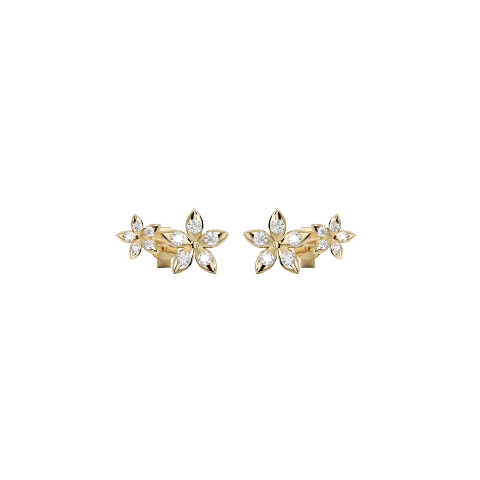 Bloomtine-mini-eternal-bloom-studs-earrings. A professional-close-up-shot of 18kt-gold-vermeil-flower-studs featuring a highly-polished botanical-blossom-design. These dainty-floral-earrings are crafted-from-925-sterling-silver-base-metal for a luxury-finish. This elegant-pair of gold-flower-studs is the perfect-jewellery-gift-idea-for-her, shown-on-a-clean-white-background to highlight the intricate-craftsmanship and small-scale-detailing of the Bloomtine-collection
