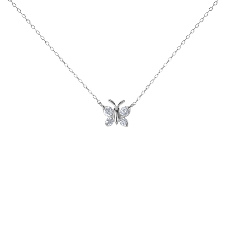 Silver Butterfly-shaped pendant on a chain against a white background