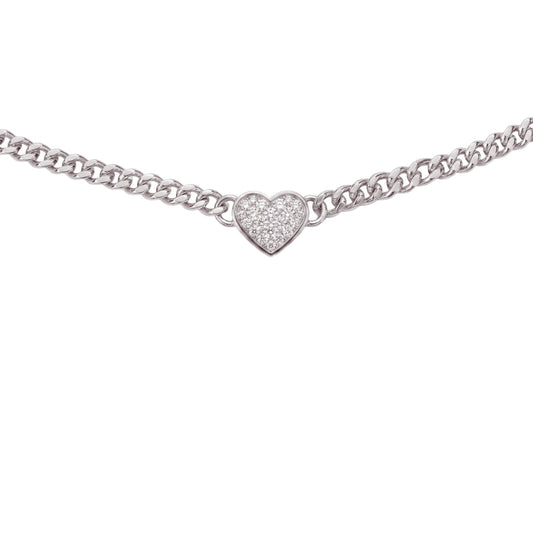 A silver chain necklace featuring a small pavé-set heart charm, shown against a plain white background.