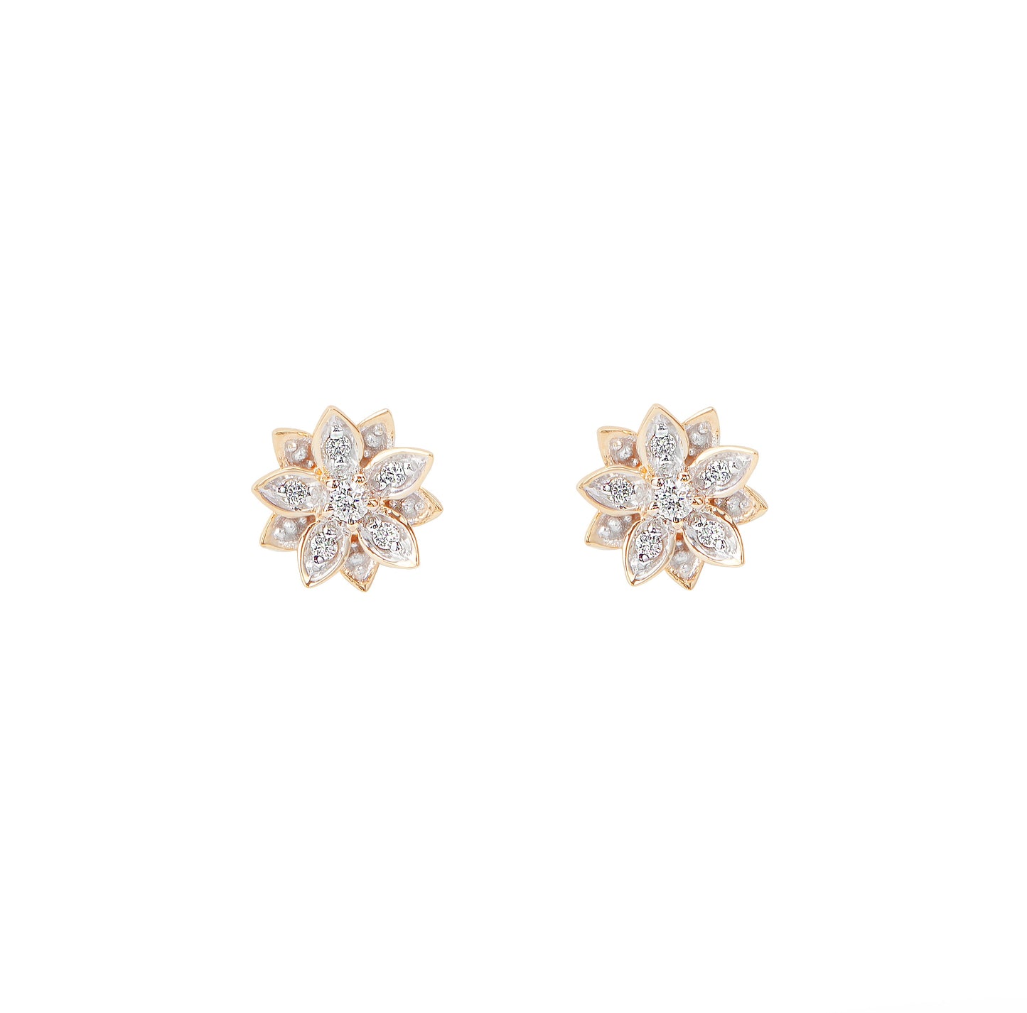 Eternal Bloom™ 14K Diamond Lotus Flower Earrings image 0. Solid 14K yellow gold lotus earrings by BLOOMTINE with VS1 brilliant-cut diamonds. Featuring an 8mm architectural 3D design and secure butterfly backs, these hallmarked fine jewelry studs are the quintessential milestone gift for anniversaries and birthdays