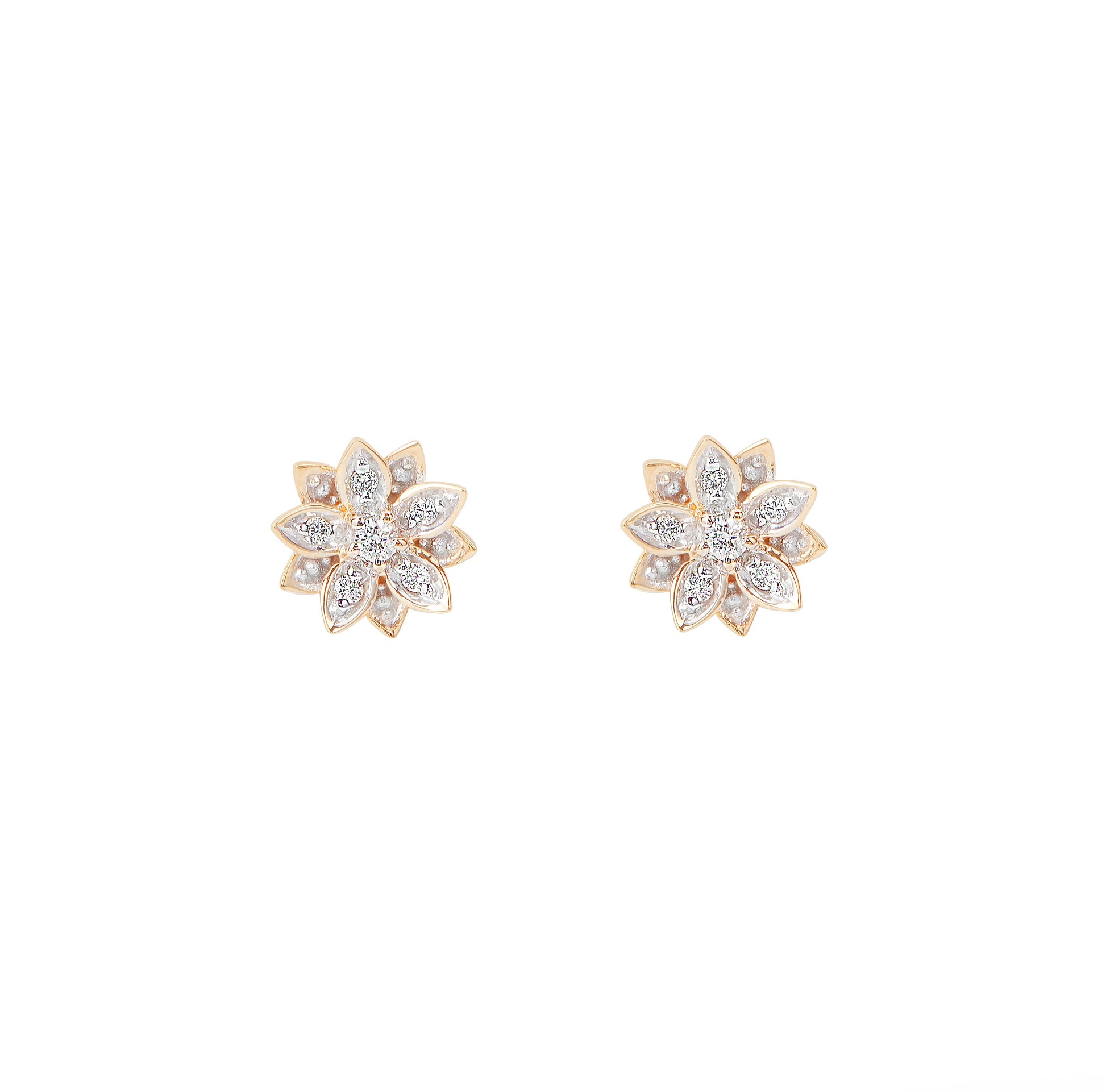 Eternal Bloom™ 14K Diamond Lotus Flower Earrings image 0. Solid 14K yellow gold lotus earrings by BLOOMTINE with VS1 brilliant-cut diamonds. Featuring an 8mm architectural 3D design and secure butterfly backs, these hallmarked fine jewelry studs are the quintessential milestone gift for anniversaries and birthdays