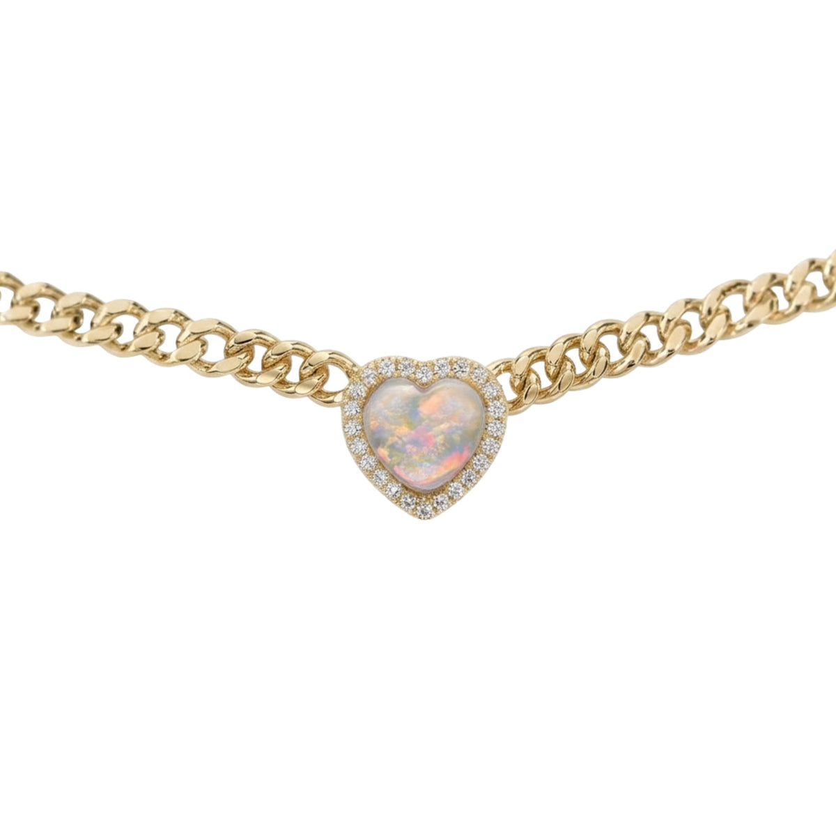 A gold chain necklace featuring a heart-shaped opal pendant surrounded by a halo of small clear stones, set against a plain white background.