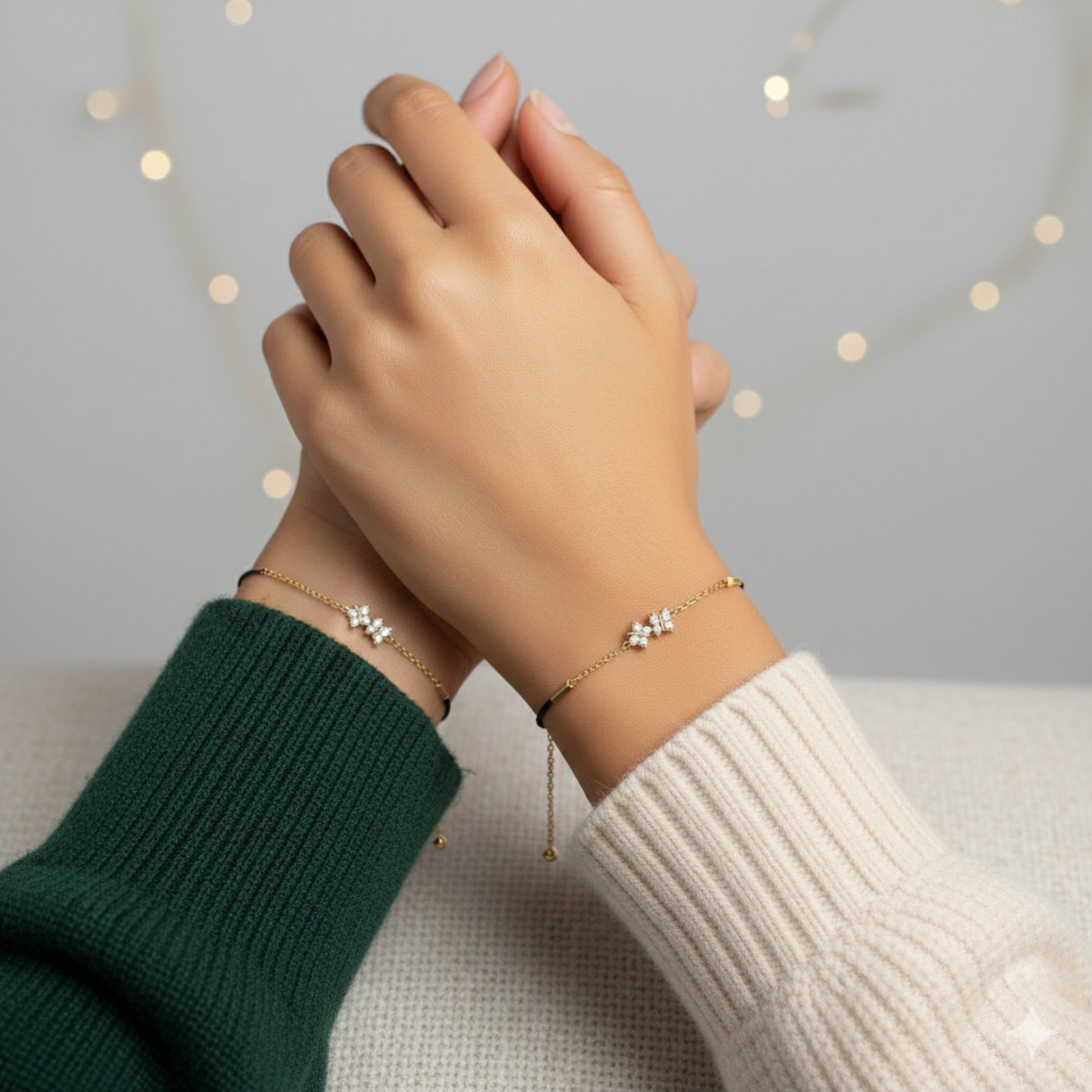 Two hands wearing delicate bracelets against a soft background
