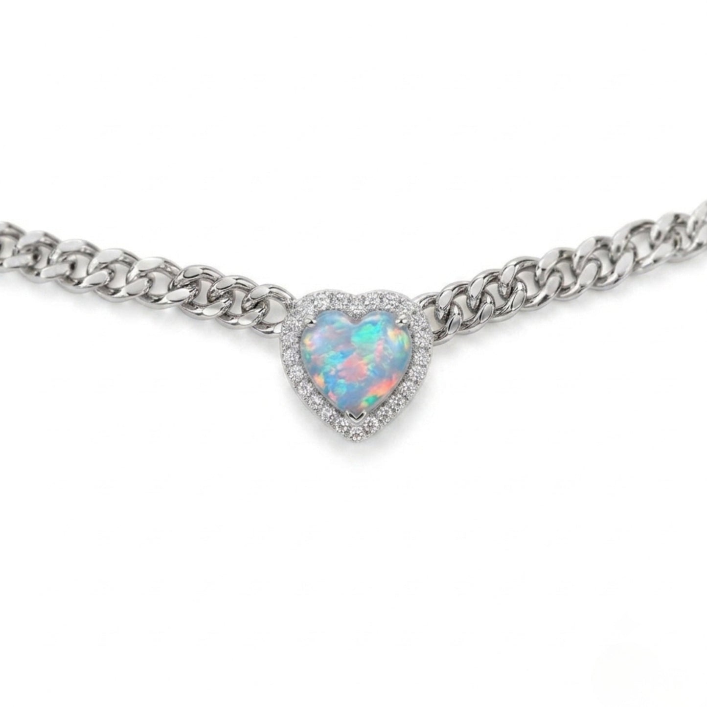 Necklace with a heart-shaped opal pendant on a white background