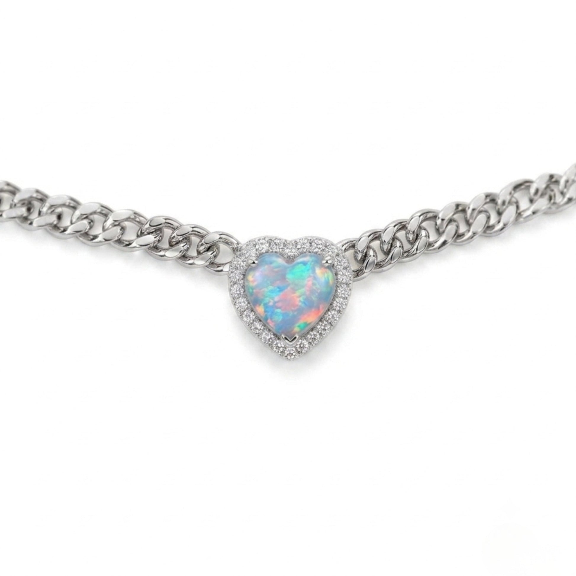 Necklace with a heart-shaped opal pendant on a white background