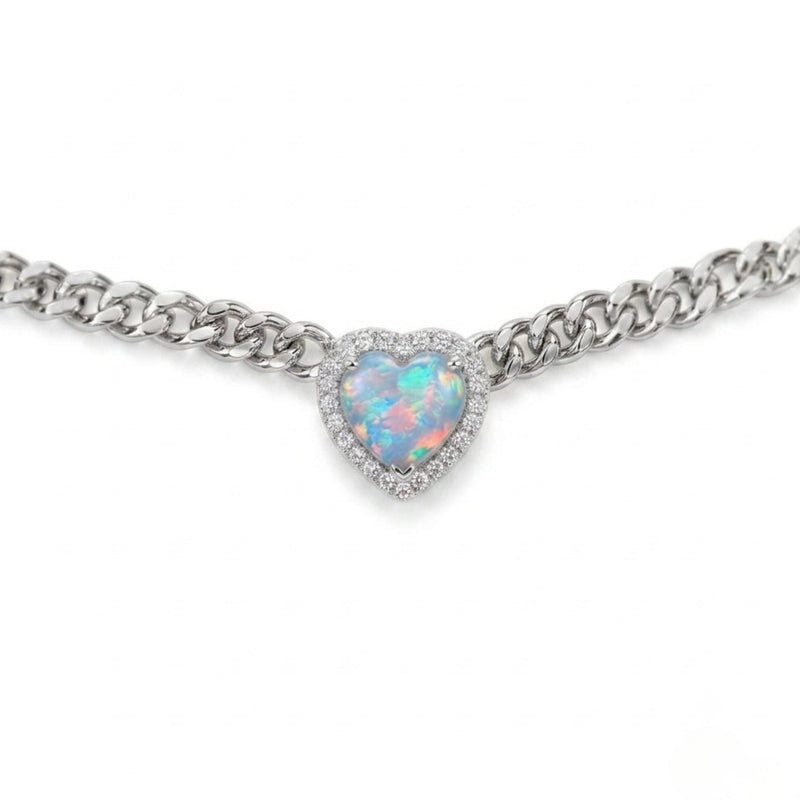 Necklace with a heart-shaped opal pendant on a white background