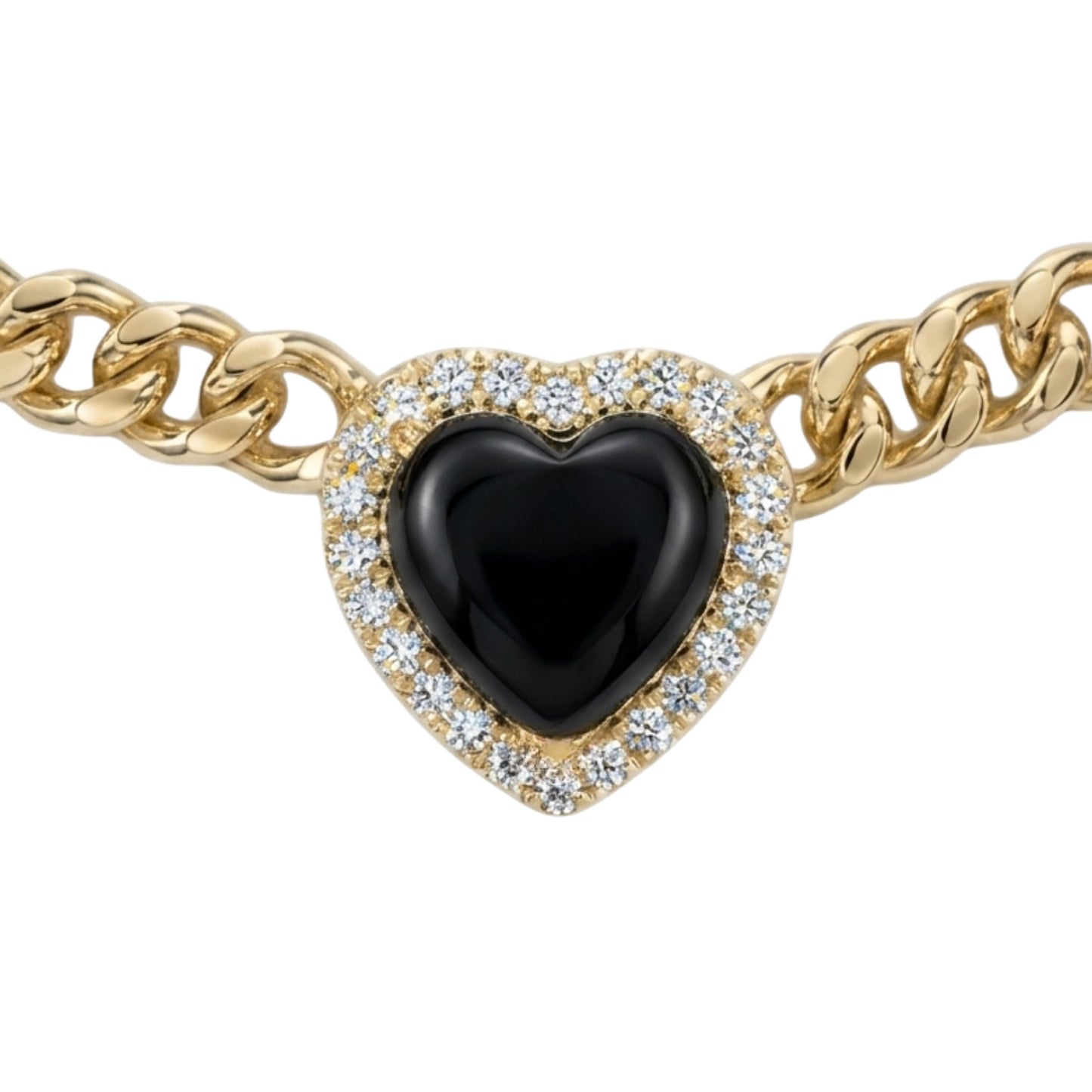 A gold chain bracelet featuring a heart-shaped centerpiece with a glossy black center and a halo of small clear stones, shown on a plain white background.