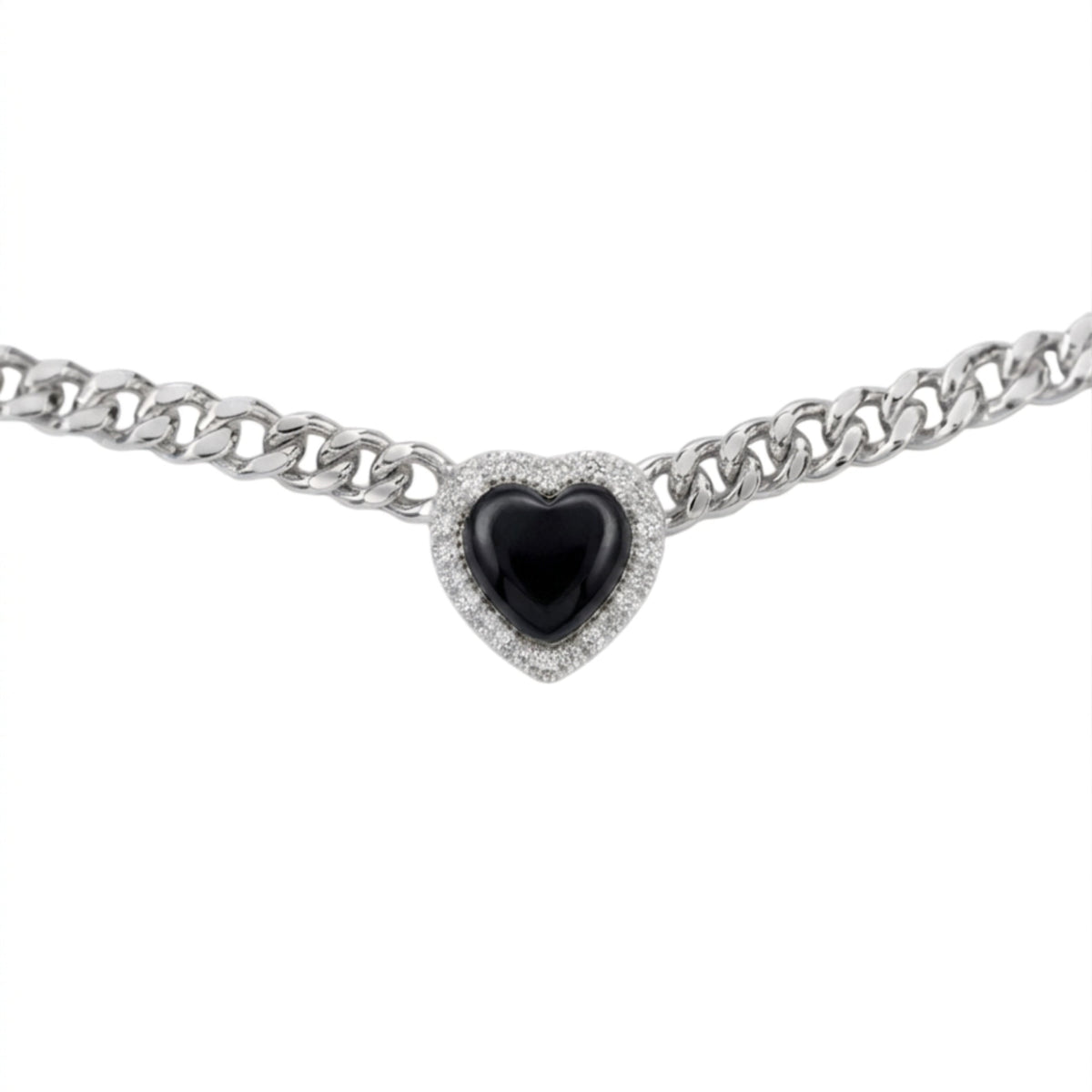 A silver-toned curb chain bracelet featuring a heart-shaped centerpiece with a glossy black center stone surrounded by a halo of small clear stones, shown against a plain white background.