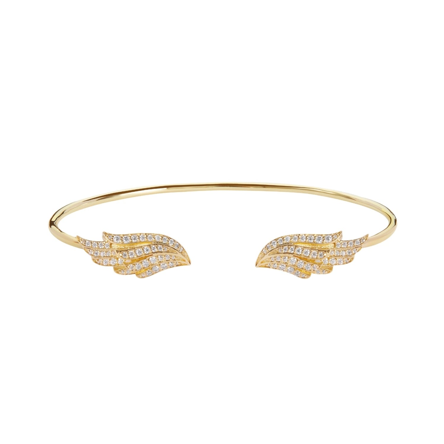 The BLOOMTINE Illuminess™ Angel Wing Bangle in Gold Vermeil. Featuring two intricately carved wings studded with shimmering lab-grown moissanites, this protective talisman bracelet represents the 'Extraordinary Human' spirit in a high-luster gold finish
