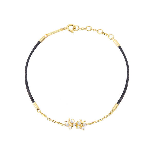 BLOOMTINE Enchanting Flutterfly butterfly bracelet in 14K gold vermeil. A black silk cord bracelet featuring 8 moissanites. Adjustable and durable gold vermeil jewelry for women