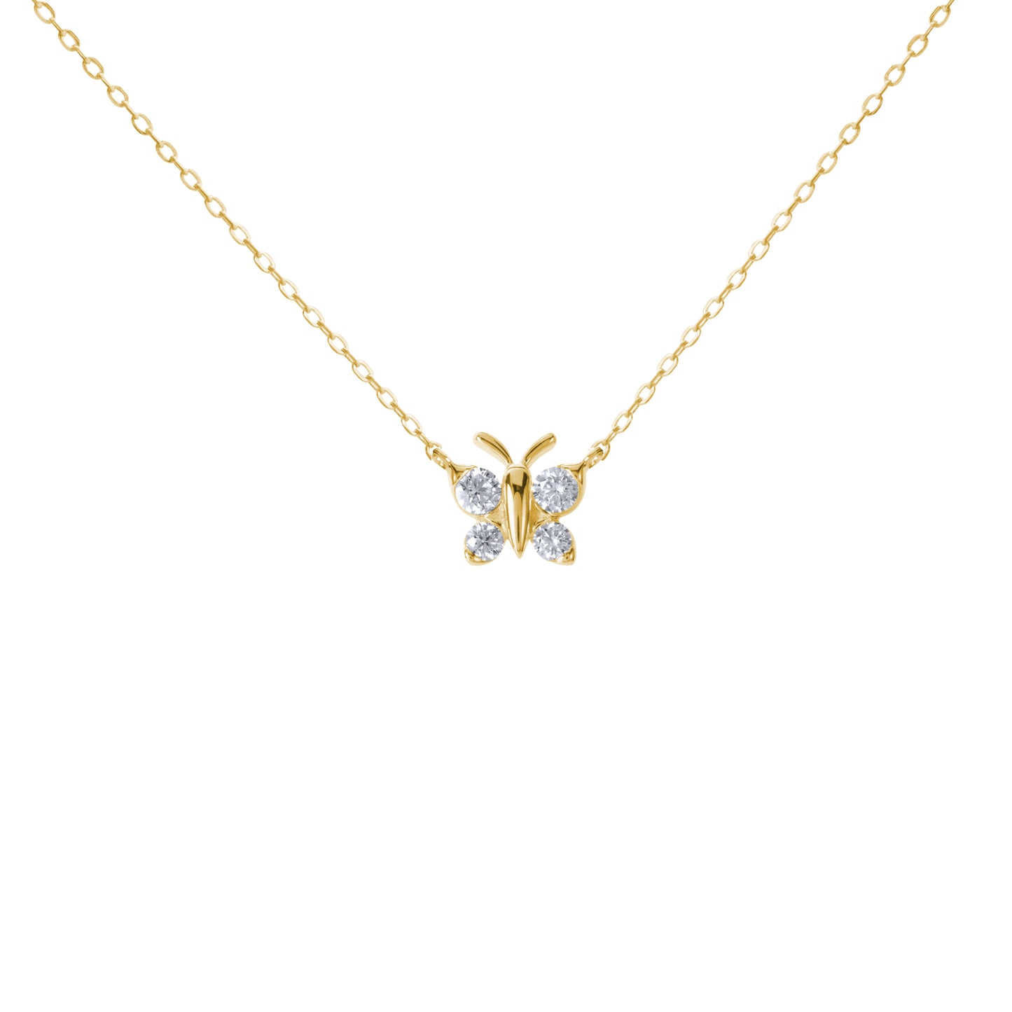 9mm butterfly pendant necklace by BLOOMTINE, crafted in tarnish-resistant gold over sterling silver with sustainable moissanite stones. Featuring an adjustable 14.5 to 16.5-inch chain for a bespoke fit, this dainty gold necklace is an ethical diamond alternative for meaningful gifting