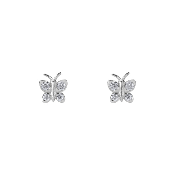 Butterfly-shaped earrings on a white background. Petite BLOOMTINE Enchanting Flutterfly™ Stud Earrings in 925 Sterling Silver. Each 5x5mm butterfly is set with four sustainable lab-grown moissanites, symbolizing transformation and resilience for a magnificent daily jewelry ritual