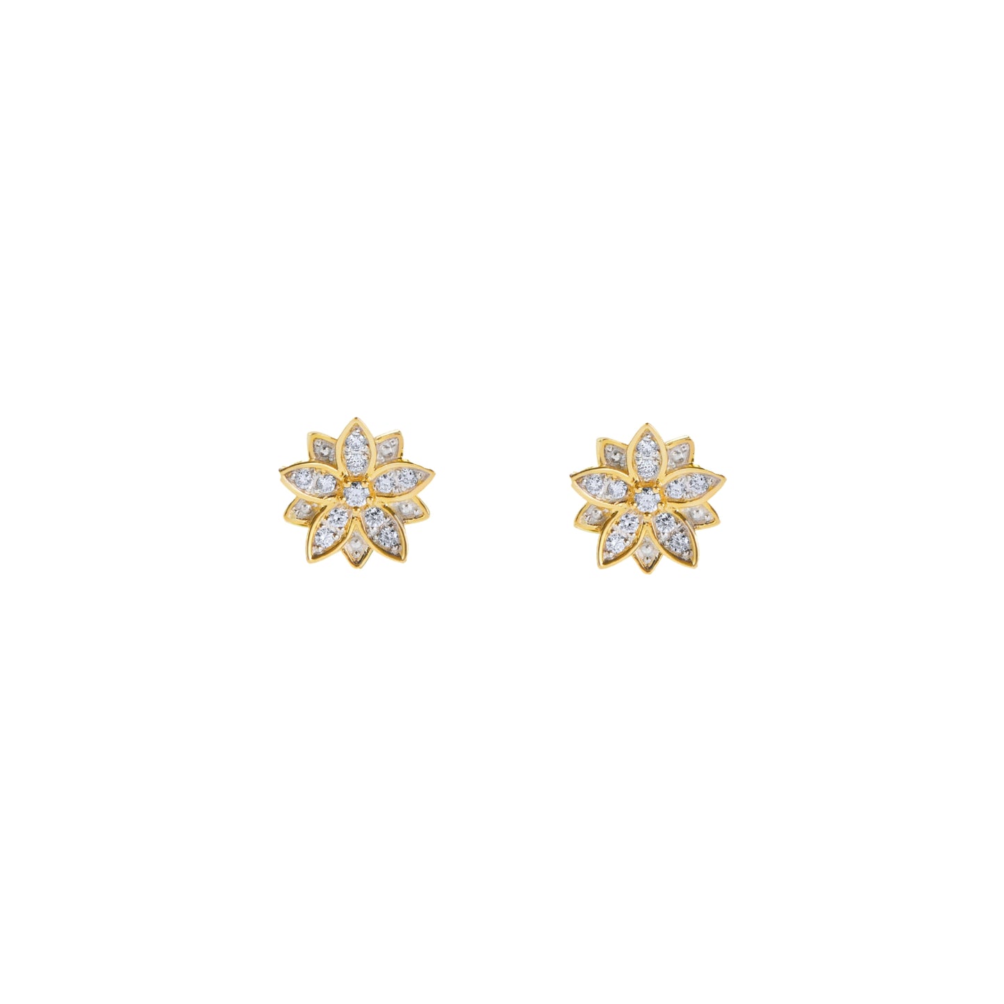 Gold flower-shaped earrings with clear stones on a white background. Solid 14K yellow gold lotus earrings by BLOOMTINE with VS1 brilliant-cut diamonds. Featuring an 8mm architectural 3D design and secure butterfly backs, these hallmarked fine jewelry studs are the quintessential milestone gift for anniversaries and birthdays