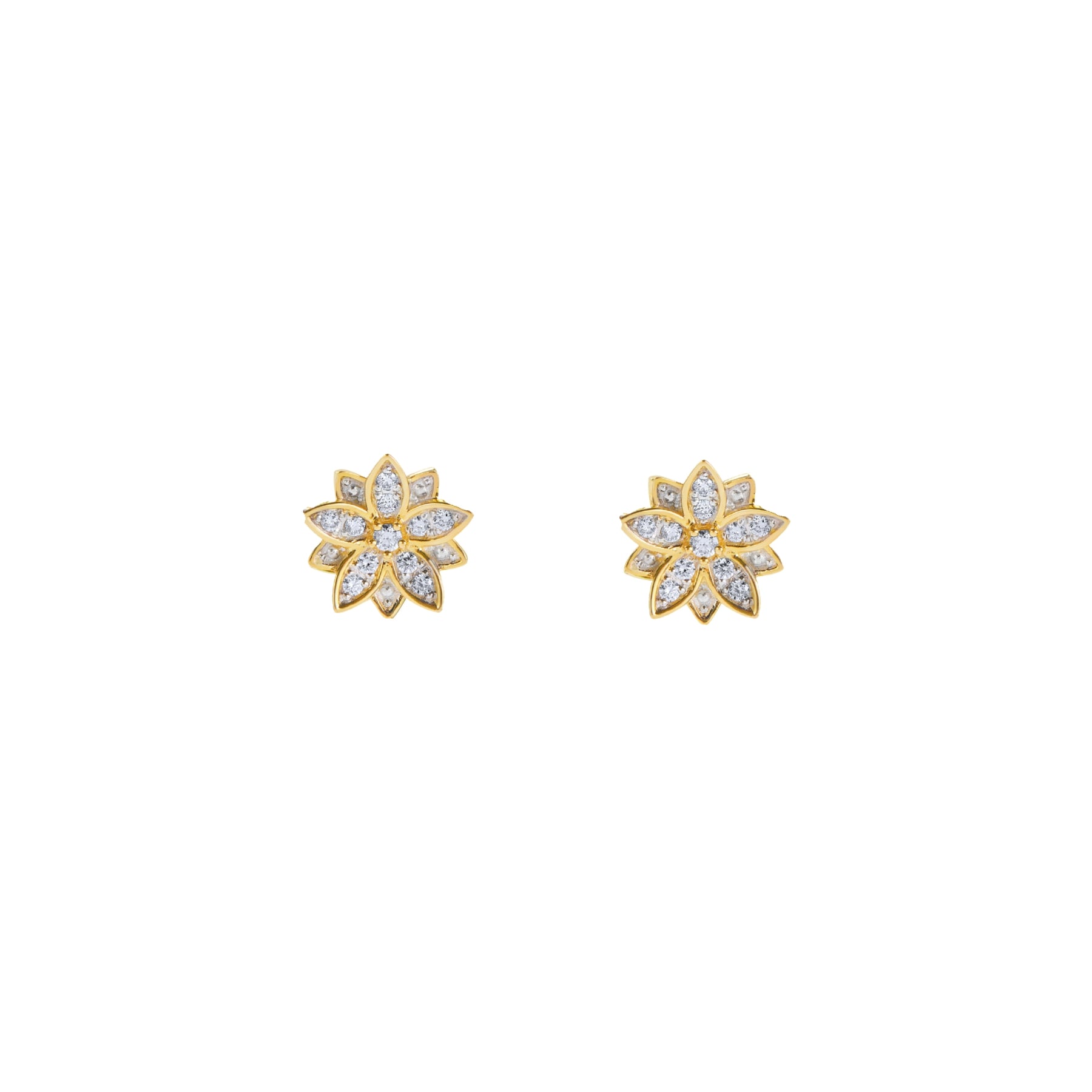 Gold flower-shaped earrings with clear stones on a white background. Solid 14K yellow gold lotus earrings by BLOOMTINE with VS1 brilliant-cut diamonds. Featuring an 8mm architectural 3D design and secure butterfly backs, these hallmarked fine jewelry studs are the quintessential milestone gift for anniversaries and birthdays