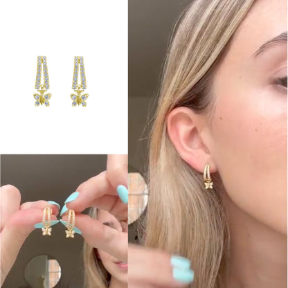 BLOOMTINE Enchanting Flutterfly™ Huggie Earrings in 18k Gold Vermeil. These symbolic butterfly charms, set with brilliant lab-grown moissanites, represent transformation and resilience, providing a mesmerizing sparkle that moves with the wearer