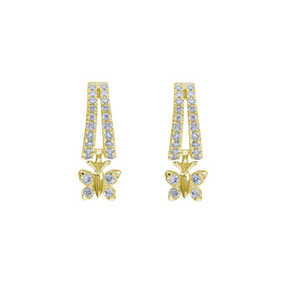 BLOOMTINE Enchanting Flutterfly™ Huggie Earrings in 18k Gold Vermeil. These symbolic butterfly charms, set with brilliant lab-grown moissanites, represent transformation and resilience, providing a mesmerizing sparkle that moves with the wearer