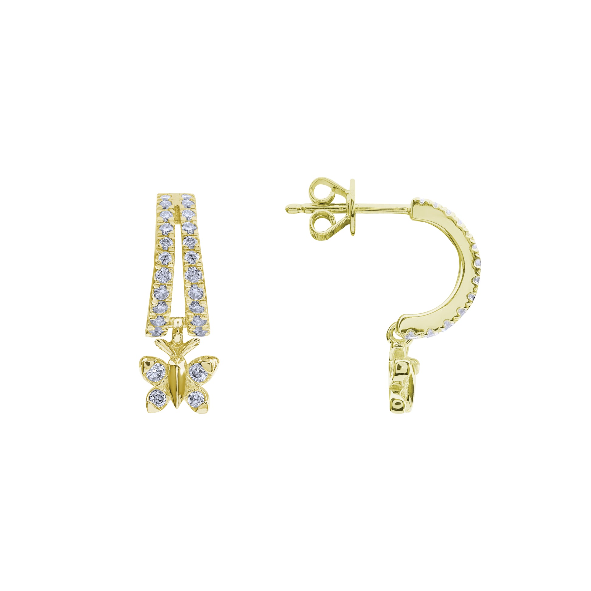 BLOOMTINE Enchanting Flutterfly™ Huggie Earrings in 18k Gold Vermeil. These symbolic butterfly charms, set with brilliant lab-grown moissanites, represent transformation and resilience, providing a mesmerizing sparkle that moves with the wearer