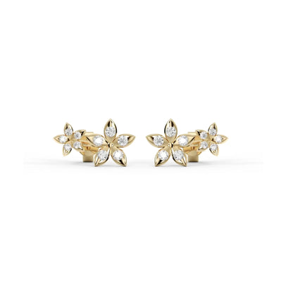 Bloomtine-gold-vermeil-flower-studs. A high-resolution-product-shot of a pair-of-gold-flower-shaped-earrings shown on a crisp-white-background. These 18kt-gold-vermeil-studs are designed-for-gifting, featuring a minimalist-botanical-blossom-design and crafted-with-a-925-sterling-silver-base. These-dainty-floral-earrings make an-elegant-jewellery-gift-idea-for-her, highlighting the-polished-gold-finish and professional-craftsmanship of the Bloomtine-brand.