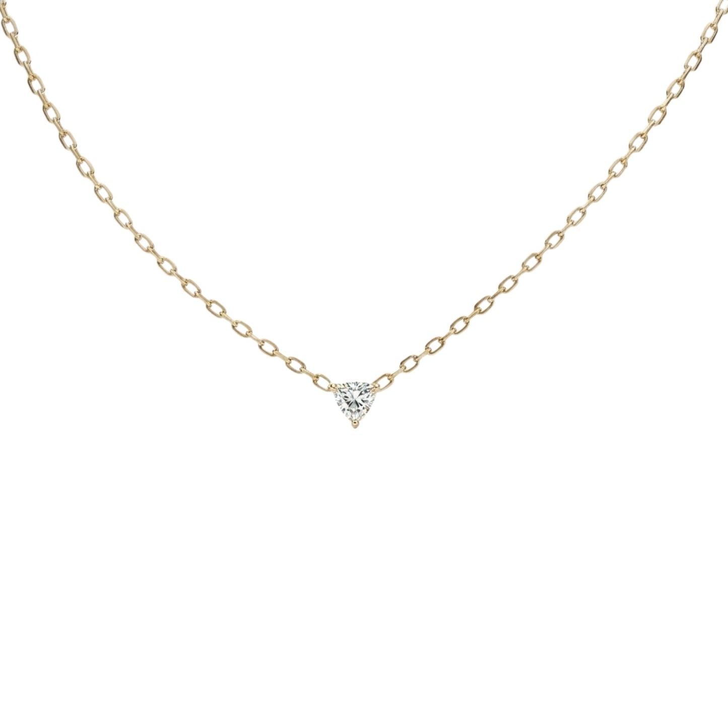 BLOOMTINE Illuminess gold vermeil necklace featuring a 4.5mm trillion cut moissanite. A trillion cut necklace with a hidden heart setting on the back as a meaningful gold pendant