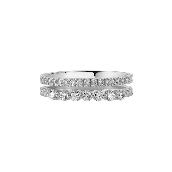 The BLOOMTINE Illuminess™ Sterling Silver Combi Ring featuring a unique fused two-in-one design. This copyrighted architecture combines a pavé band with a bezel-set lab moissanite, finished in tarnish-resistant white rhodium for a mesmerizing, high-impact stack look
