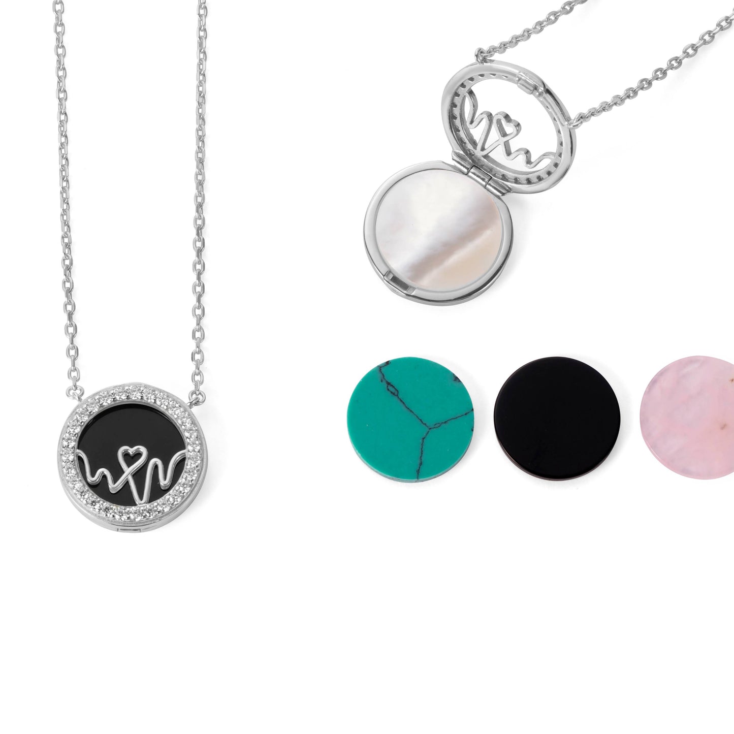 Bloomtine-Loves-Frequency-necklace-set. A high-resolution-product-shot featuring a sterling-silver-heartbeat-locket alongside three-round-pendants on a crisp-white-background. These-925-sterling-silver-necklaces showcase minimalist-circular-charms and an-intricate-heartbeat-rhythm-locket on dainty-adjustable-chains. Ideal-for-a-meaningful-jewellery-gift, this-arrangement highlights the-polished-finish and botanical-engravings of the Bloomtine-sentimental-jewellery-collection.