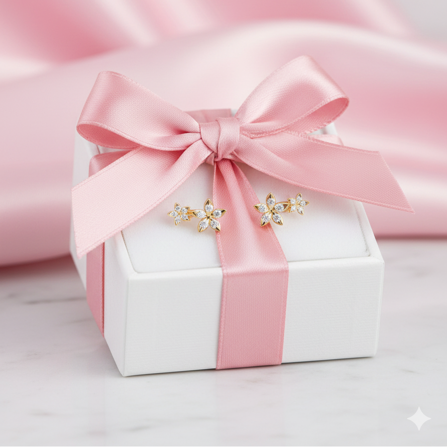 Bloomtine-luxury-jewellery-gift-box. A professional-shot of a white-gift-box with a satin-pink-ribbon and hand-tied-bow, presented-on-a-textured-pink-fabric-background. This premium-packaging is designed-for-gifting Bloomtine-gold-vermeil-flower-stud-earrings, creating a beautiful-unboxing-experience. The image-highlights our signature-packaging-style, perfect-for-birthdays, anniversaries-or-special-occasions.