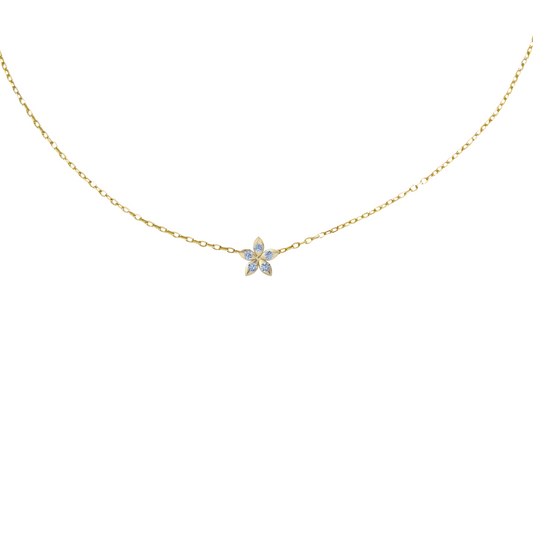 BLOOMTINE Mini Eternal Bloom gold necklace featuring a 10mm gold vermeil flower pendant with a moissanite center. A dainty, handcrafted gold necklace on an adjustable chain