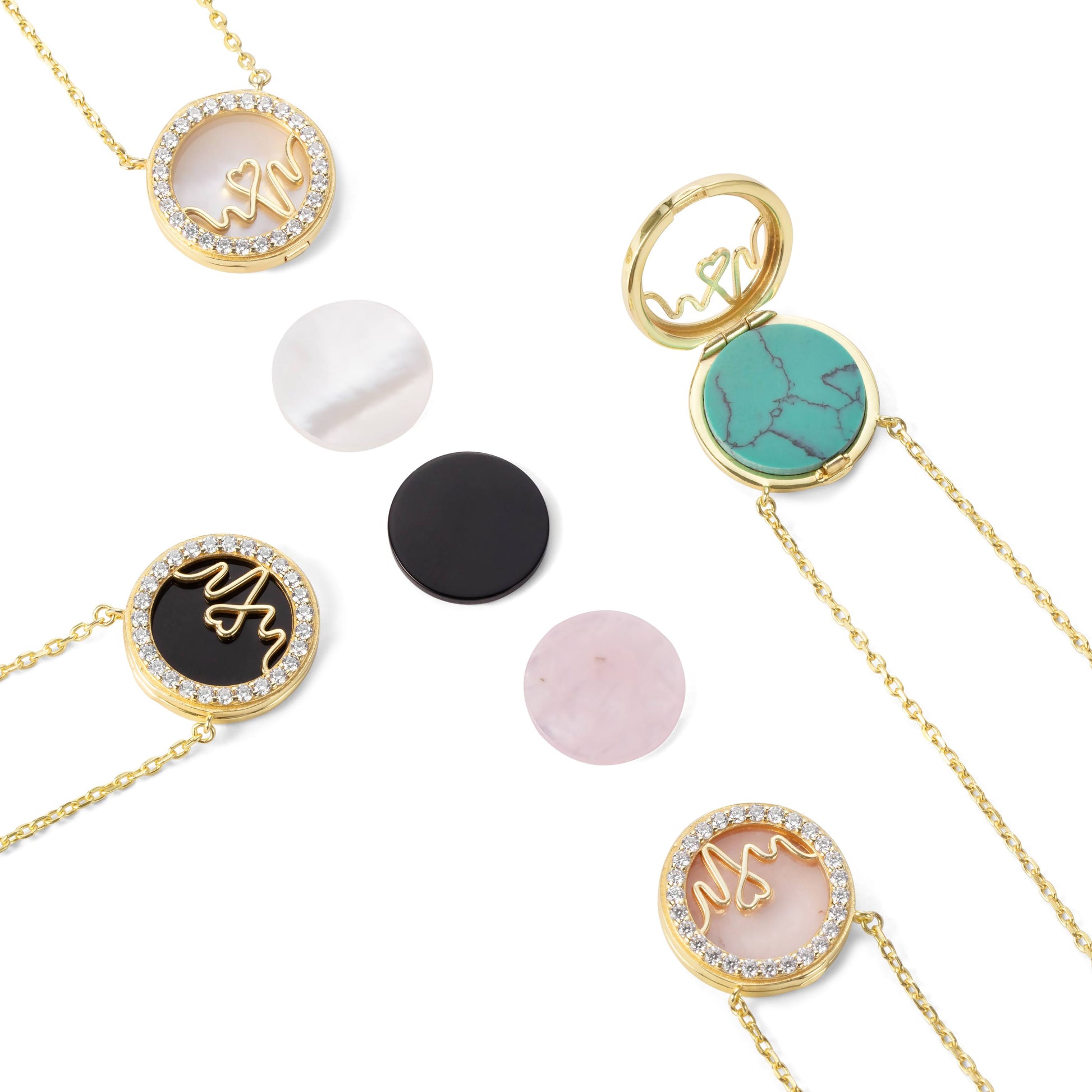 Bloomtine-collection-of-gold-necklaces. A professional-product-display of multiple-18kt-gold-vermeil-necklaces featuring circular-medallion-pendants with various-unique-engraved-designs on a clean-white-background. The-set includes minimalist-round-charms on fine-adjustable-gold-chains. Ideal-for-jewellery-layering and personalized-gifting, this-image highlights the-polished-finish and intricate-details of the-Bloomtine-signature-collection.