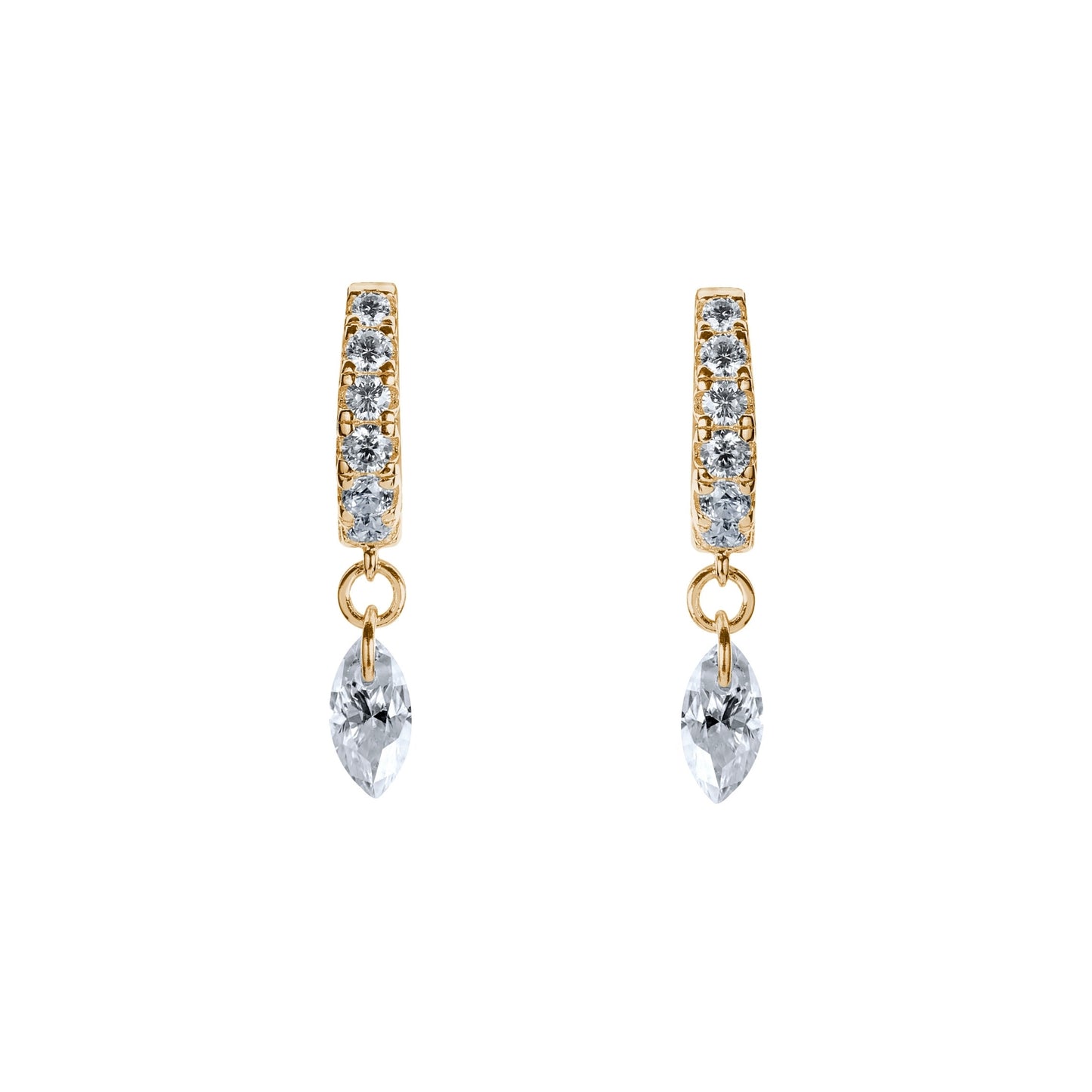 Gold hoop earrings with clear gemstones on a white background. A lifestyle-image of a woman-wearing the Illuminess-gold-vermeil-huggies in a-first-lobe-piercing. The-petite-luminous-silhouette is shown-styled-in a-curated-ear-stack, demonstrating-how-the-earrings transition-seamlessly from day-to-night. This-shot-captures the-dainty-luxury-aesthetic and comfortable-secure-fit of these-best-selling-hoops