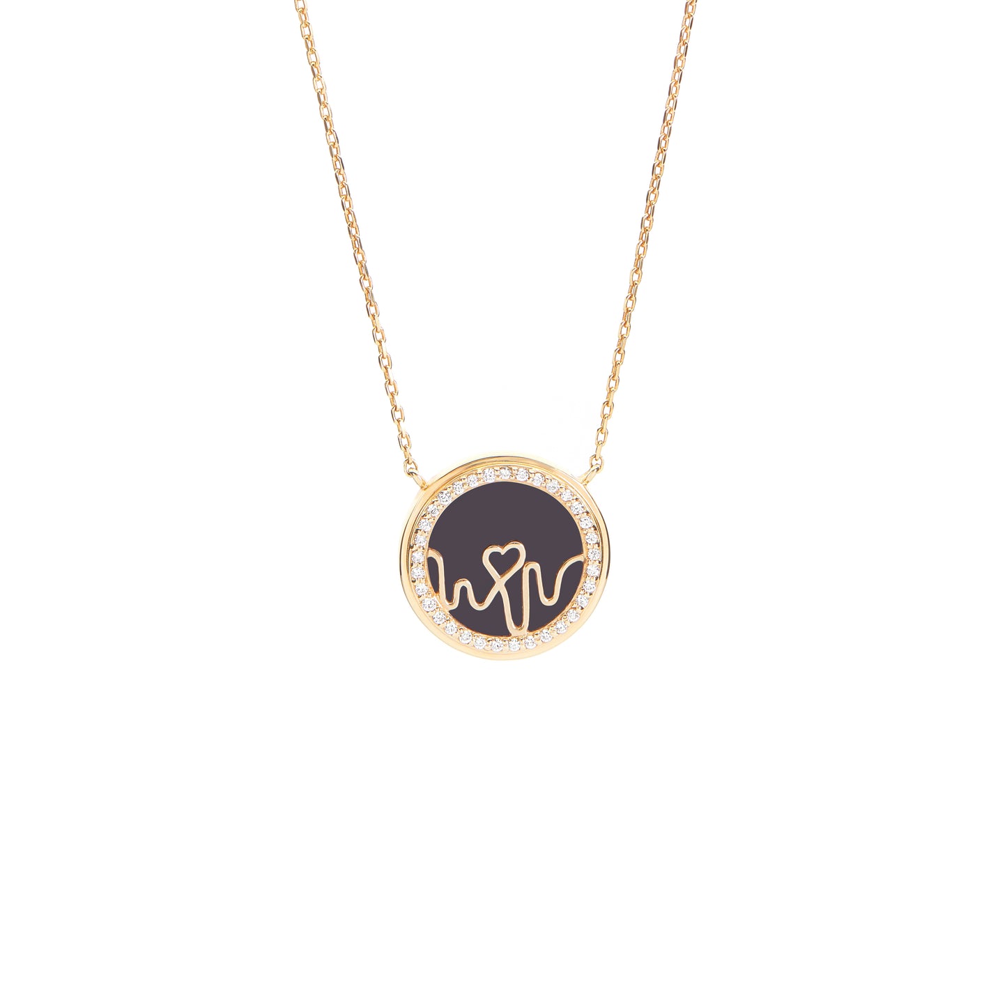 Bloomtine-Loves-Frequency-gold-vermeil-heartbeat-locket. A professional-high-resolution-product-photograph of an-gold-vermeil-heart-locket on a-crisp-white-background. This-detailed-view showcases the-black-onyx-shimmering-gemstones meticulously-set-along the-heartbeat-rhythm-path. The-image-highlights the-flawless-polished-finish and the-intricate-symbolic-engraving of the Bloomtine-signature-collection, making it an-exquisite-luxury-gift-choice for sentimental-occasions and milestone-celebratio