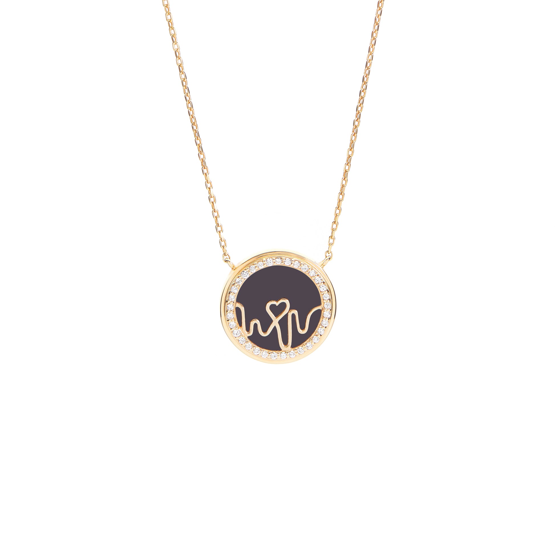 Bloomtine-Loves-Frequency-gold-vermeil-heartbeat-locket. A professional-high-resolution-product-photograph of an-gold-vermeil-heart-locket on a-crisp-white-background. This-detailed-view showcases the-black-onyx-shimmering-gemstones meticulously-set-along the-heartbeat-rhythm-path. The-image-highlights the-flawless-polished-finish and the-intricate-symbolic-engraving of the Bloomtine-signature-collection, making it an-exquisite-luxury-gift-choice for sentimental-occasions and milestone-celebratio