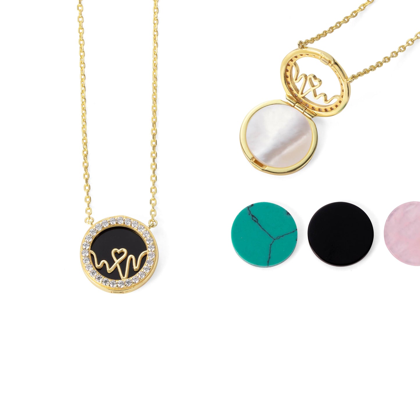 Bloomtine-Loves-Frequency-gold-vermeil-heartbeat-locket. A professional-high-resolution-product-photograph of an-18kt-gold-vermeil-heart-locket on a-crisp-white-background. This-detailed-view showcases the-multiple-shimmering-gemstones meticulously-set-along the-heartbeat-rhythm-path. The-image-highlights the-flawless-polished-finish and the-intricate-symbolic-engraving of the Bloomtine-signature-collection, making it an-exquisite-luxury-gift-choice for sentimental-occasions and milestone-celebratio