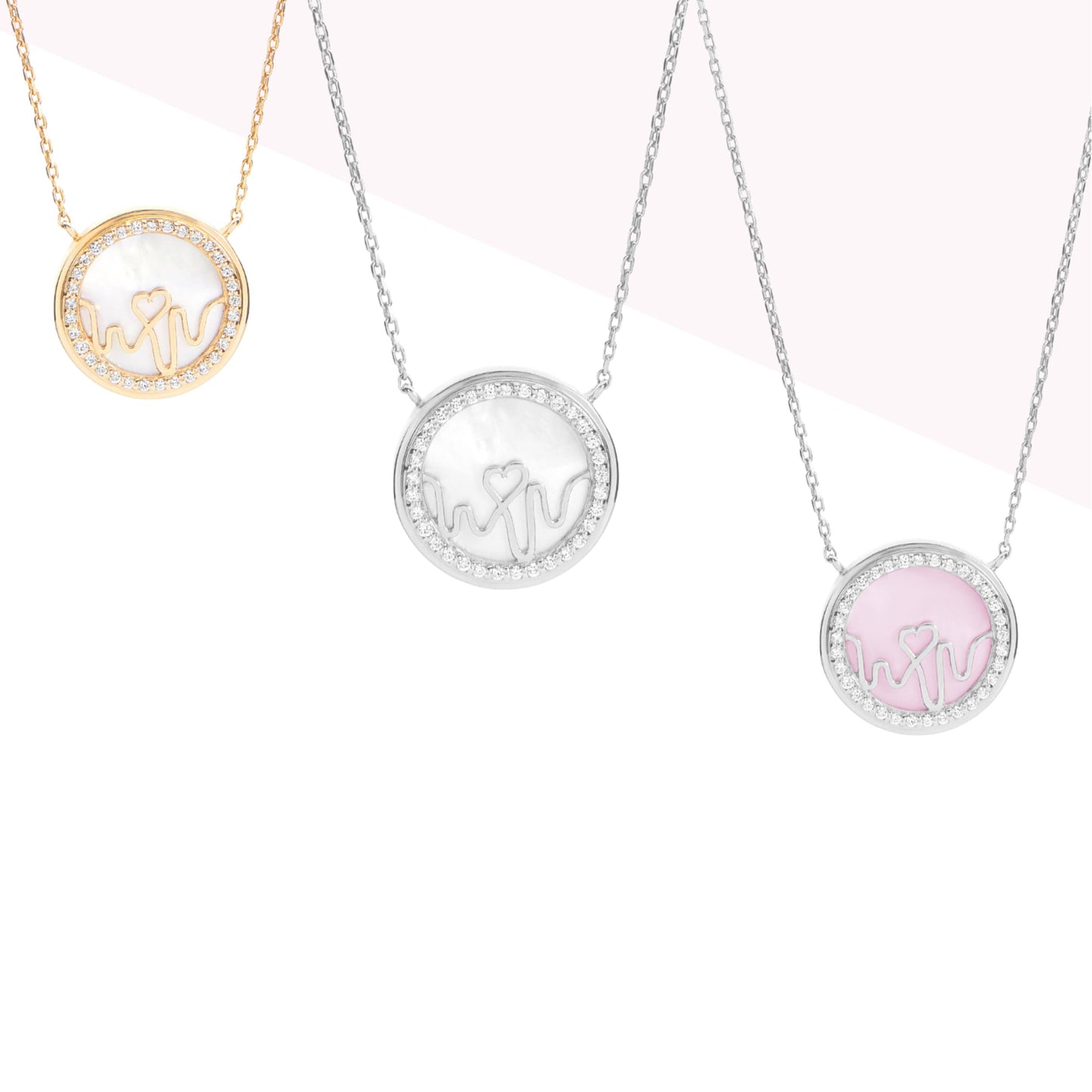 Bloomtine-Loves-Frequency-necklace-trio. A professional-product-arrangement featuring three-necklaces with circular-pendants on a crisp-white-background. The-set includes-18kt-gold-vermeil and 925-sterling-silver-options, each-displaying a unique-heartbeat-rhythm-engraving. These-dainty-round-medallions are suspended-on-fine-adjustable-chains, perfect-for-layering or gifting. The-image-highlights the-polished-metallic-finish and the-sentimental-design-profile of the Bloomtine-signature-collection.